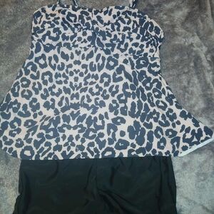 Leopard Print Tankini Top with Black Bottoms